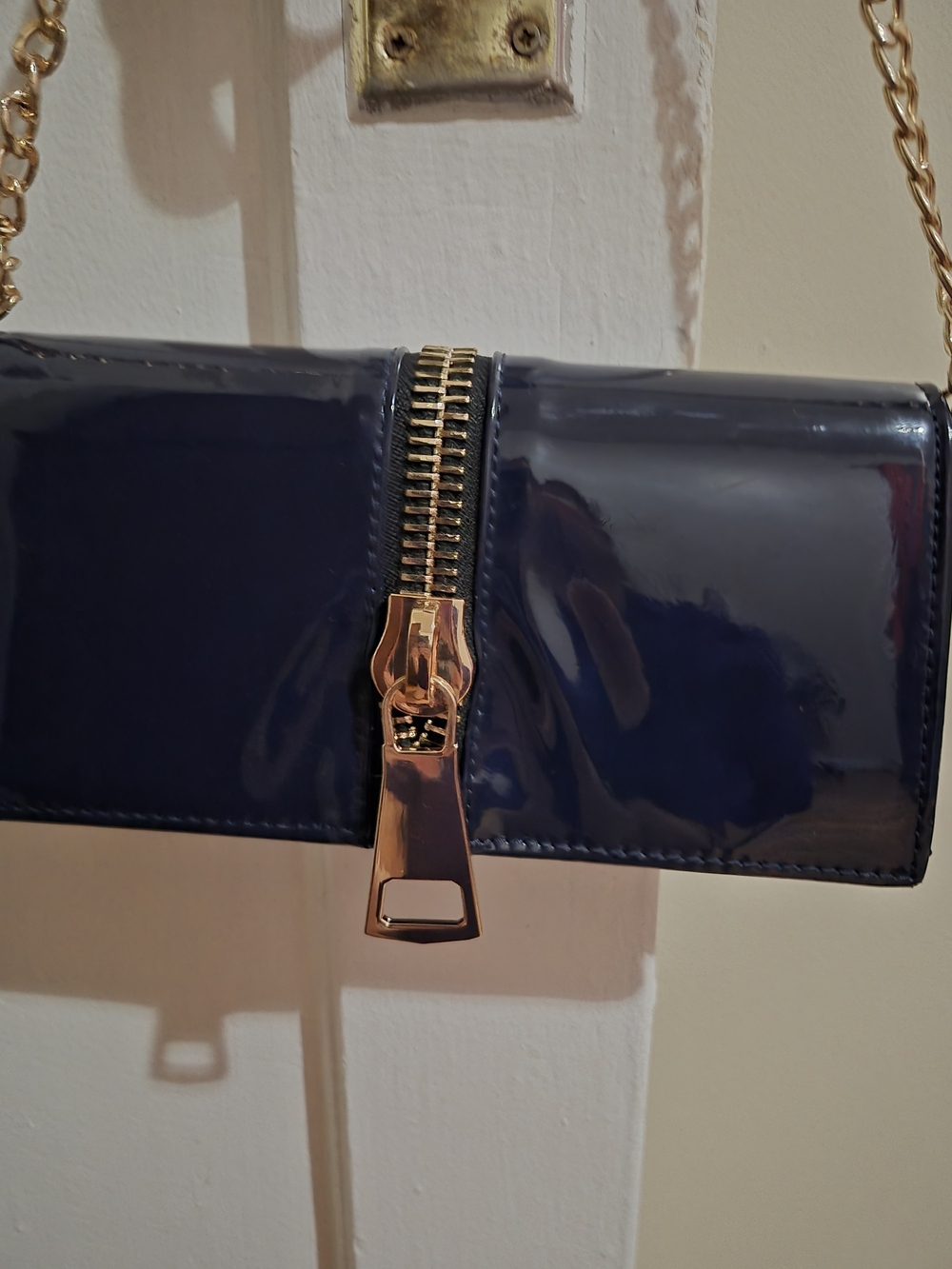 Sondra Roberts Navy Patent Crossbody with Gold Chain